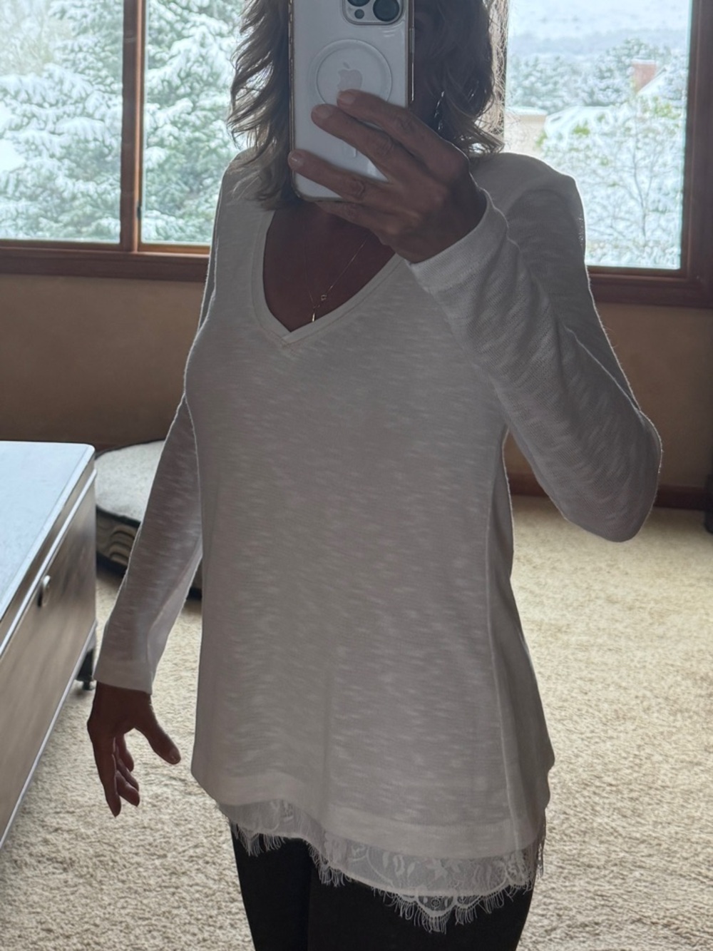 White House Black Market Ivory V-Neck Long Sleeve Top with Lace Hem
